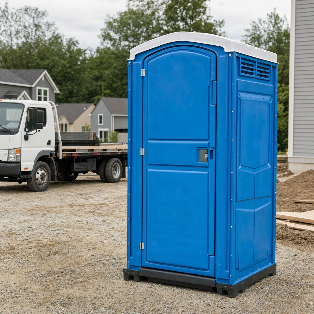 Delivery driver positioning a clean royal-blue portable toilet on level ground at a Lincoln worksite