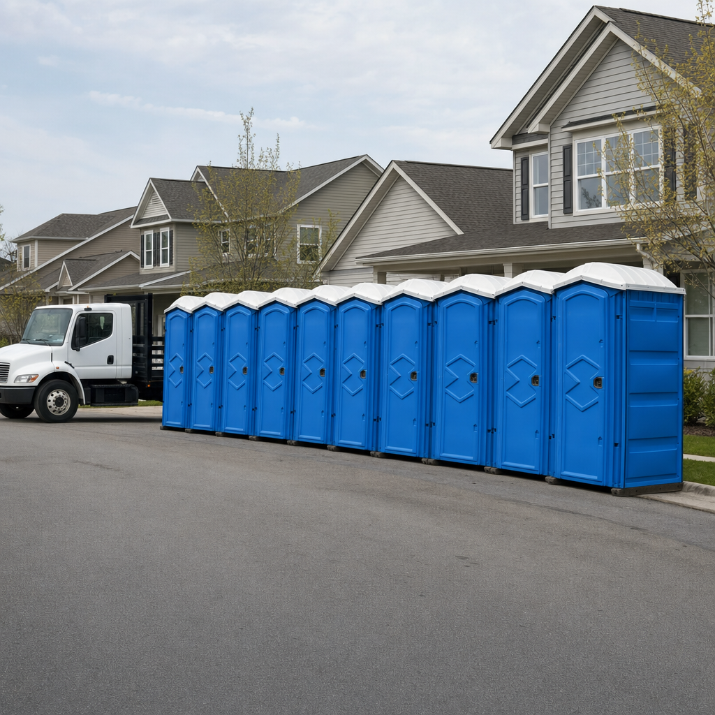 Royal blue portable toilets staged in a tidy row at a Lincoln jobsite, ready for delivery